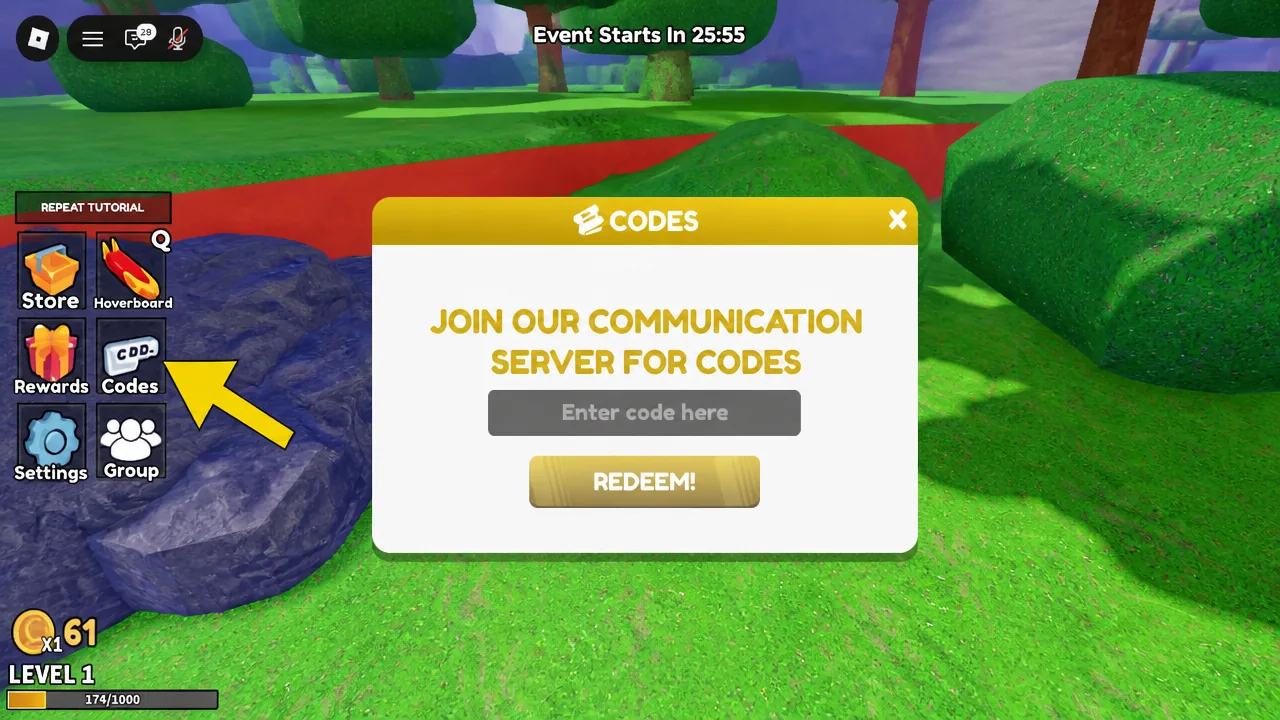 Roblox Stay For Fortune code system. Arrow pointing to the Codes button