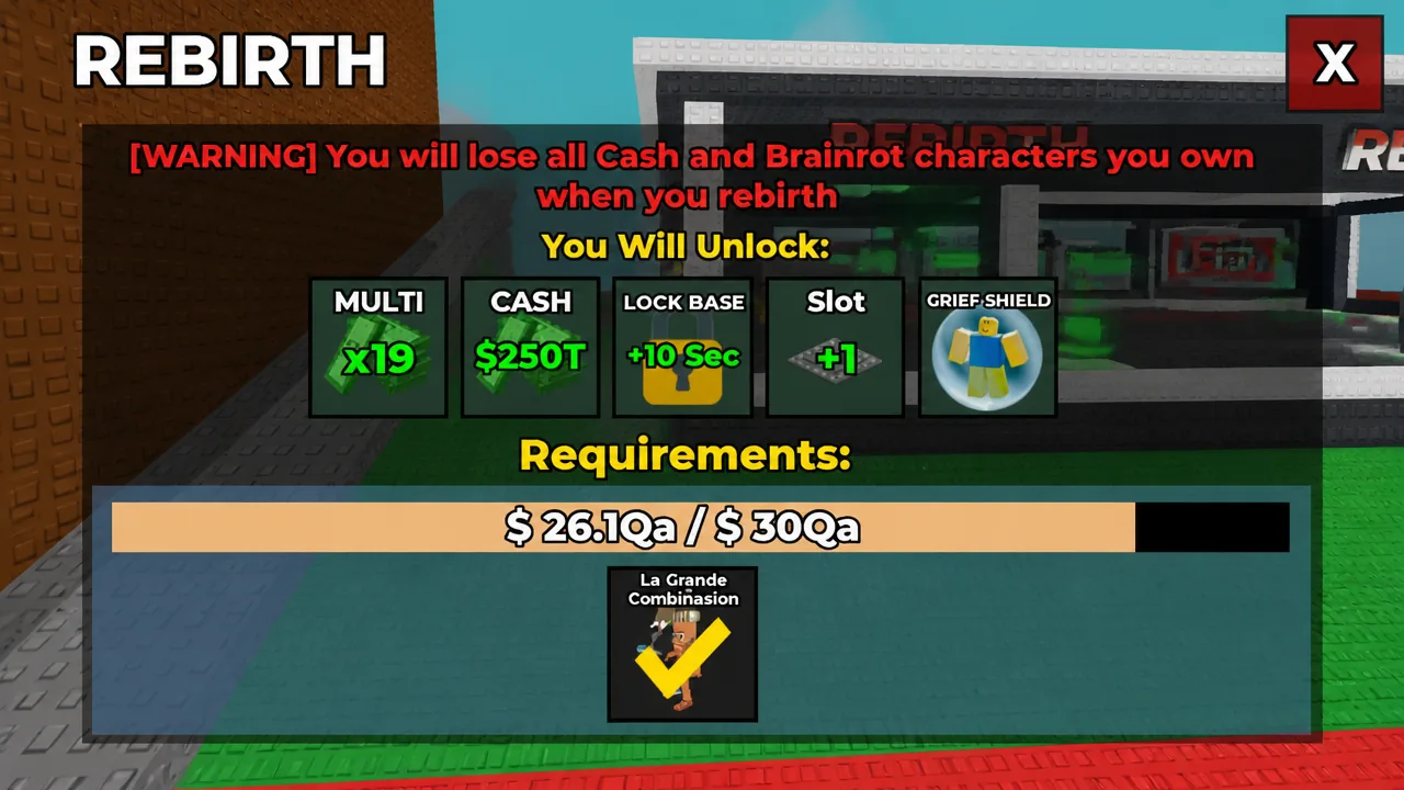 Rebirth 19 menu in Steal a Brainrot showing the La Grande Combinasion requirement checked off