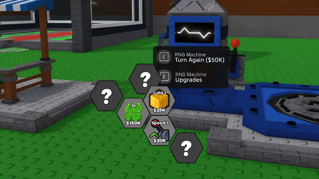 The RNG Machine upgrades menu showing purchasable Gold 1, Speed 1, and 2x options next to locked upgrades