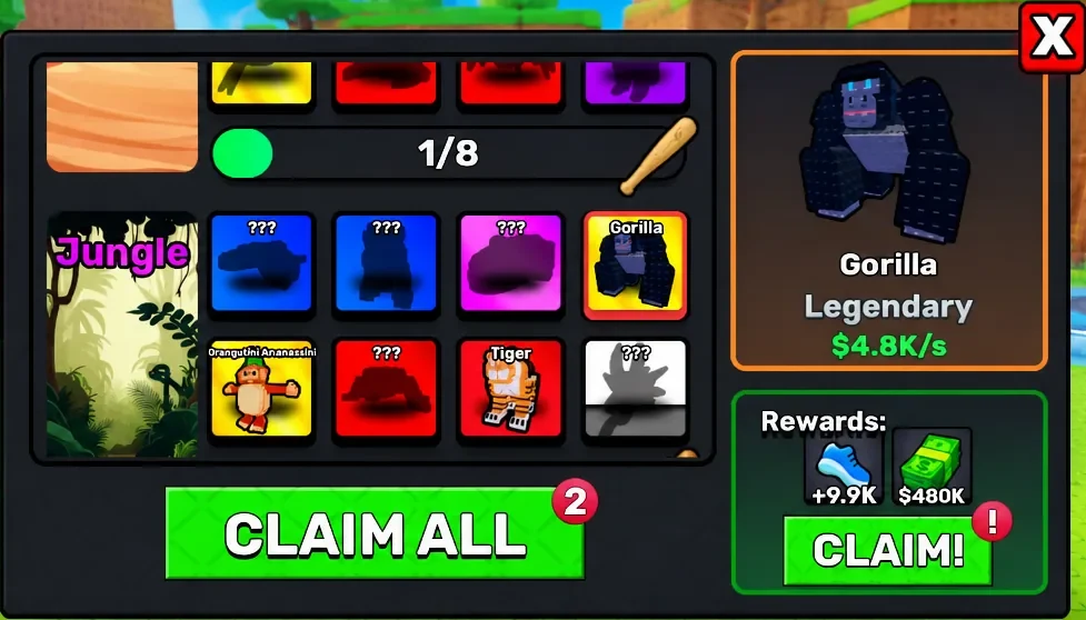 Jungle Index page highlighting the Gorilla entry with an active CLAIM button