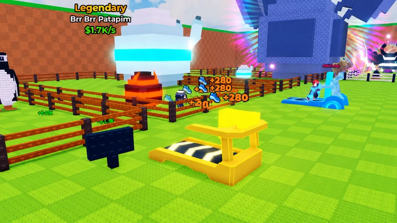 A Legendary pet placed near the yellow platform generating +280 income per tick