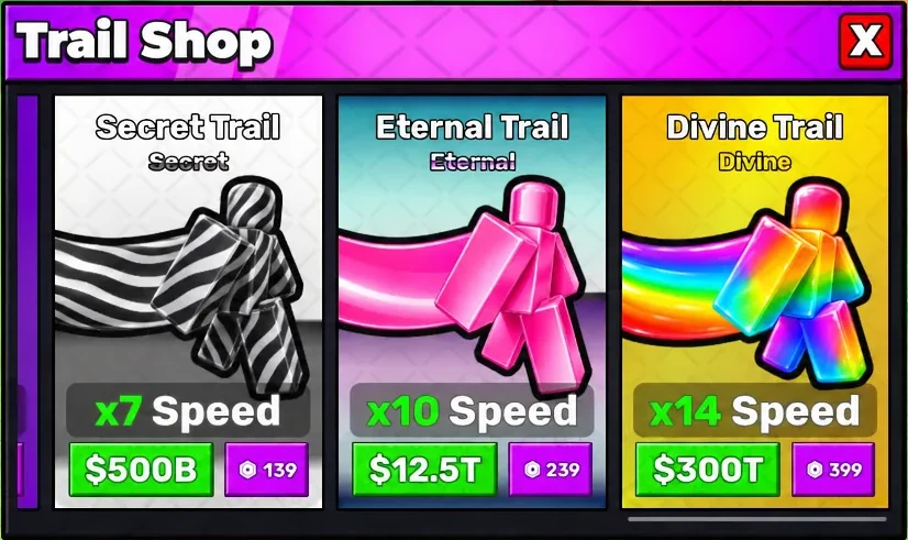 Trail Shop menu displaying the Secret, Eternal and Divine Trail cards with purchase buttons