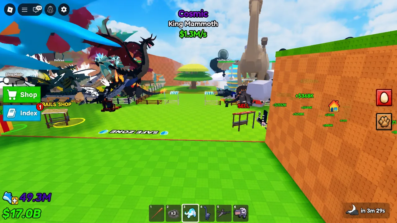 In-game screen showing the SELL area alongside the Shop and Index buttons in Steal an Egg