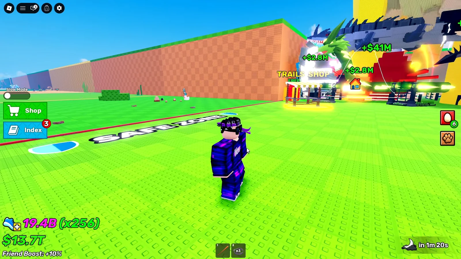 Steal An Egg hub with the avatar near the Trails Shop and the Shop and Index buttons