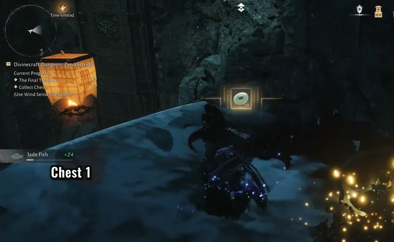 Opening Chest 1 inside Divinecraft Dungeon: Zenithstride while the collect-chests objective is active.