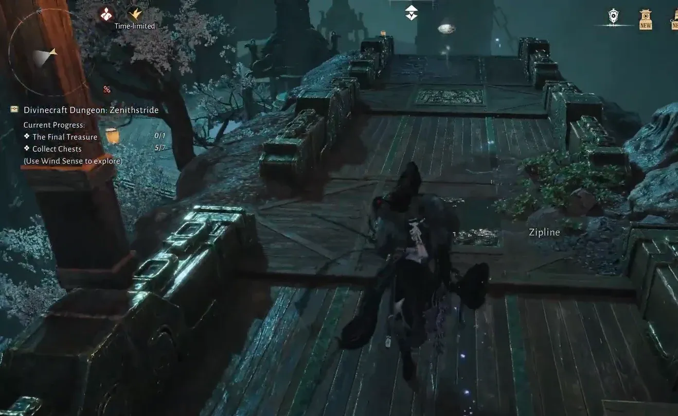 Character approaching a highlighted zipline interaction on a wooden bridge in Zenithstride.
