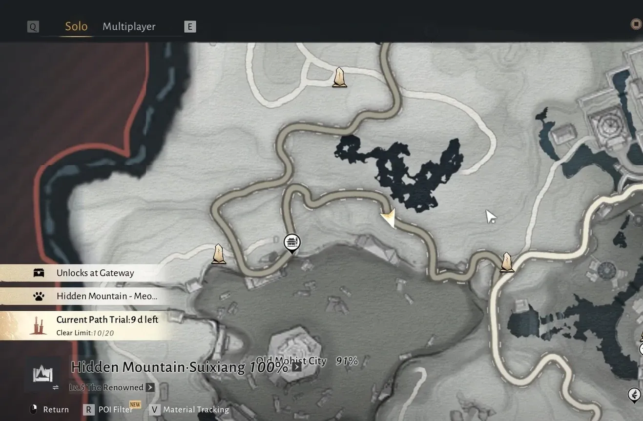 World map showing Hidden Mountain-Suixiang selected with completion progress and an active trial objective.