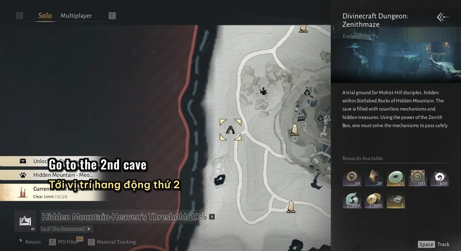 Map with the second cave objective in Hidden Mountain and the Divinecraft Dungeon: Zenithmaze panel open.