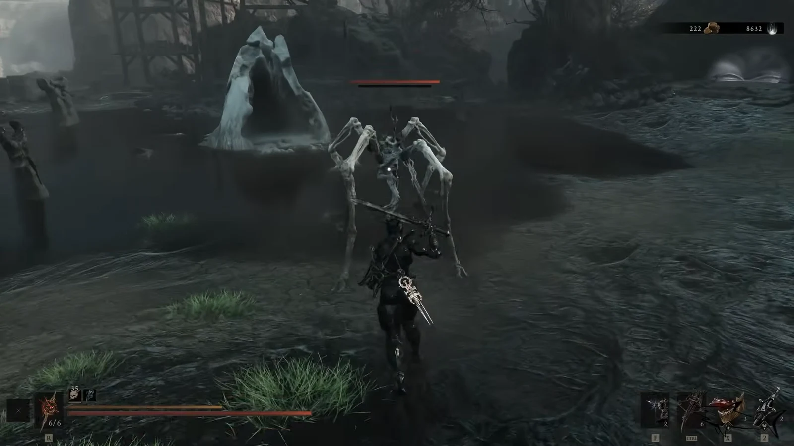 Player facing a skeletal spider enemy with its red health bar showing overhead