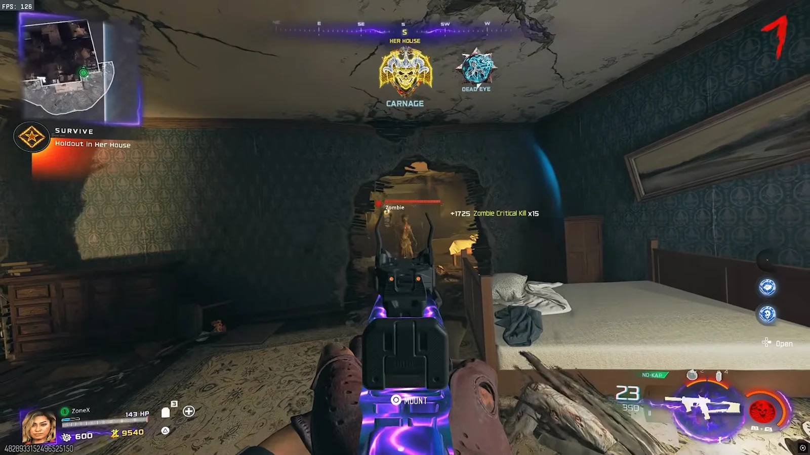Player shooting a zombie through a wall opening inside Her House to control spawns