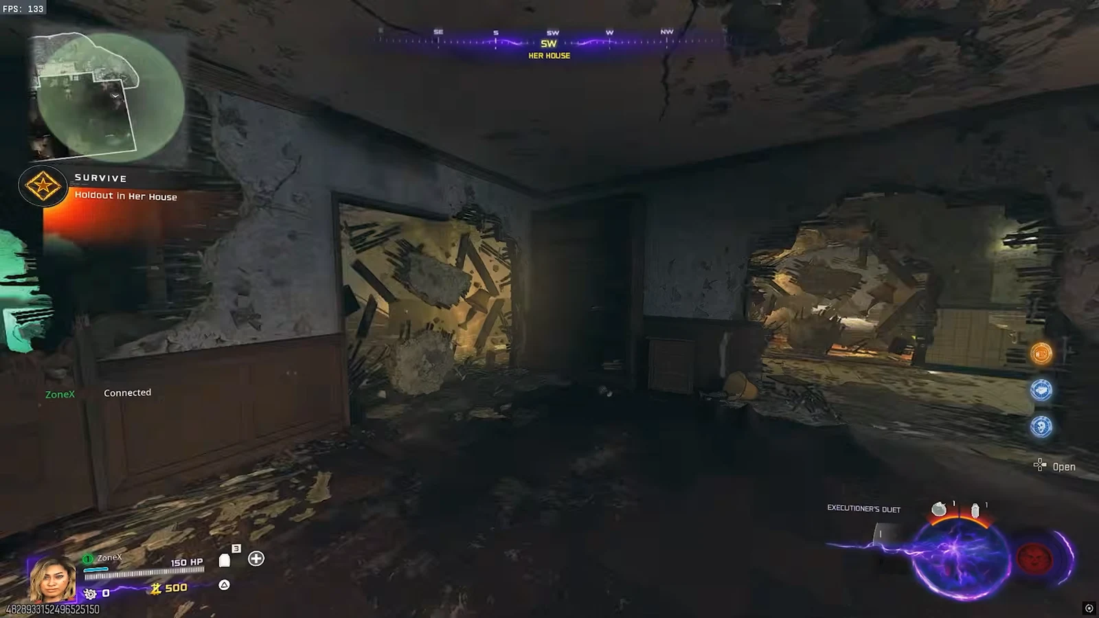 Player moving through the ruined Her House interior toward an Open prompt during the Holdout objective