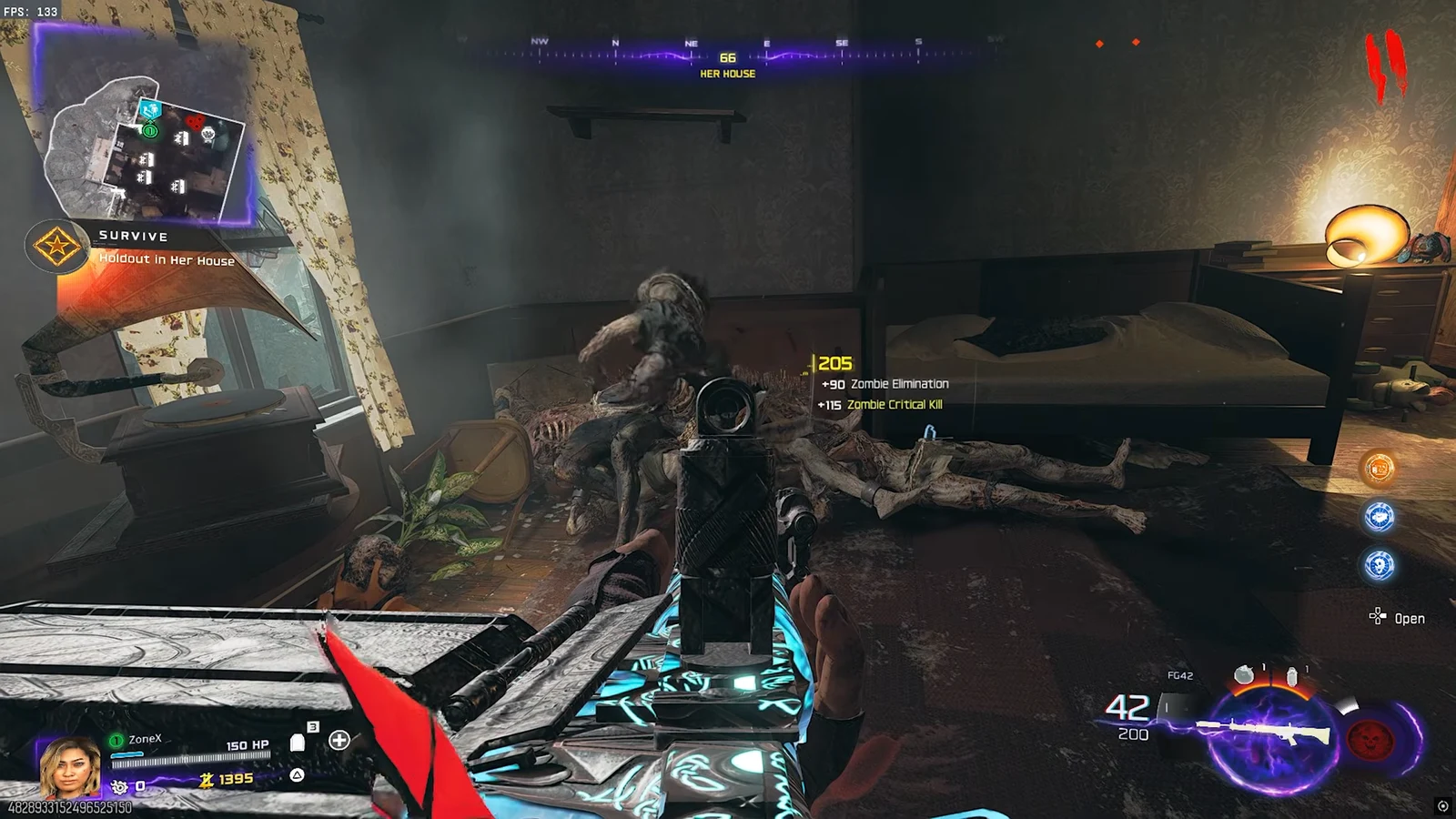 Player aiming down sights at a zombie in a bedroom while holding out in Her House