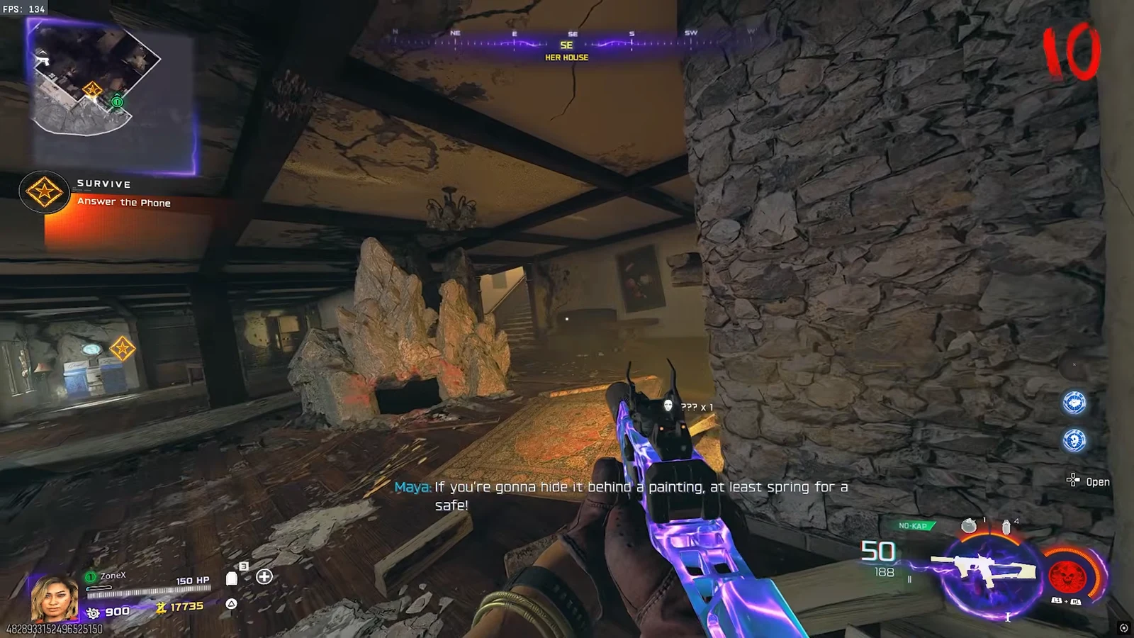 Player in Her House aiming at an interactable with an Open prompt during the Answer the Phone objective