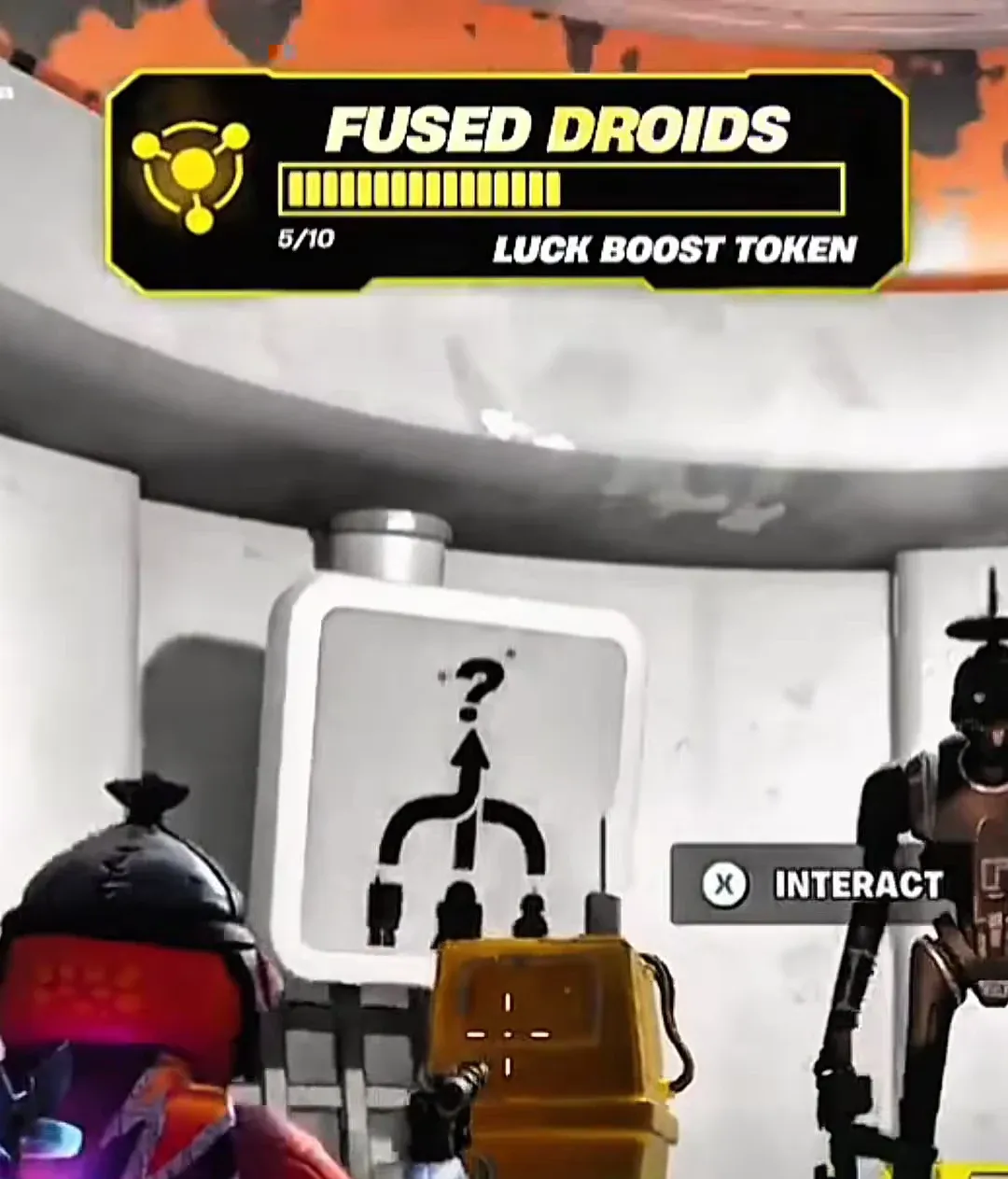 Fused Droids station with an X Interact prompt and 5/10 Luck Boost Token progress