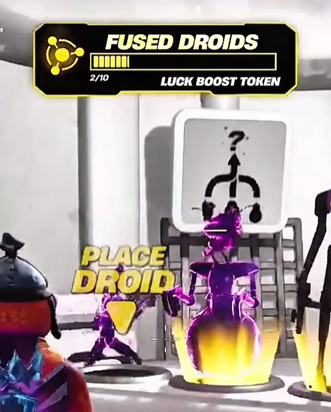 PLACE DROID prompt on the fusion platform with the Fused Droids counter at 2/10