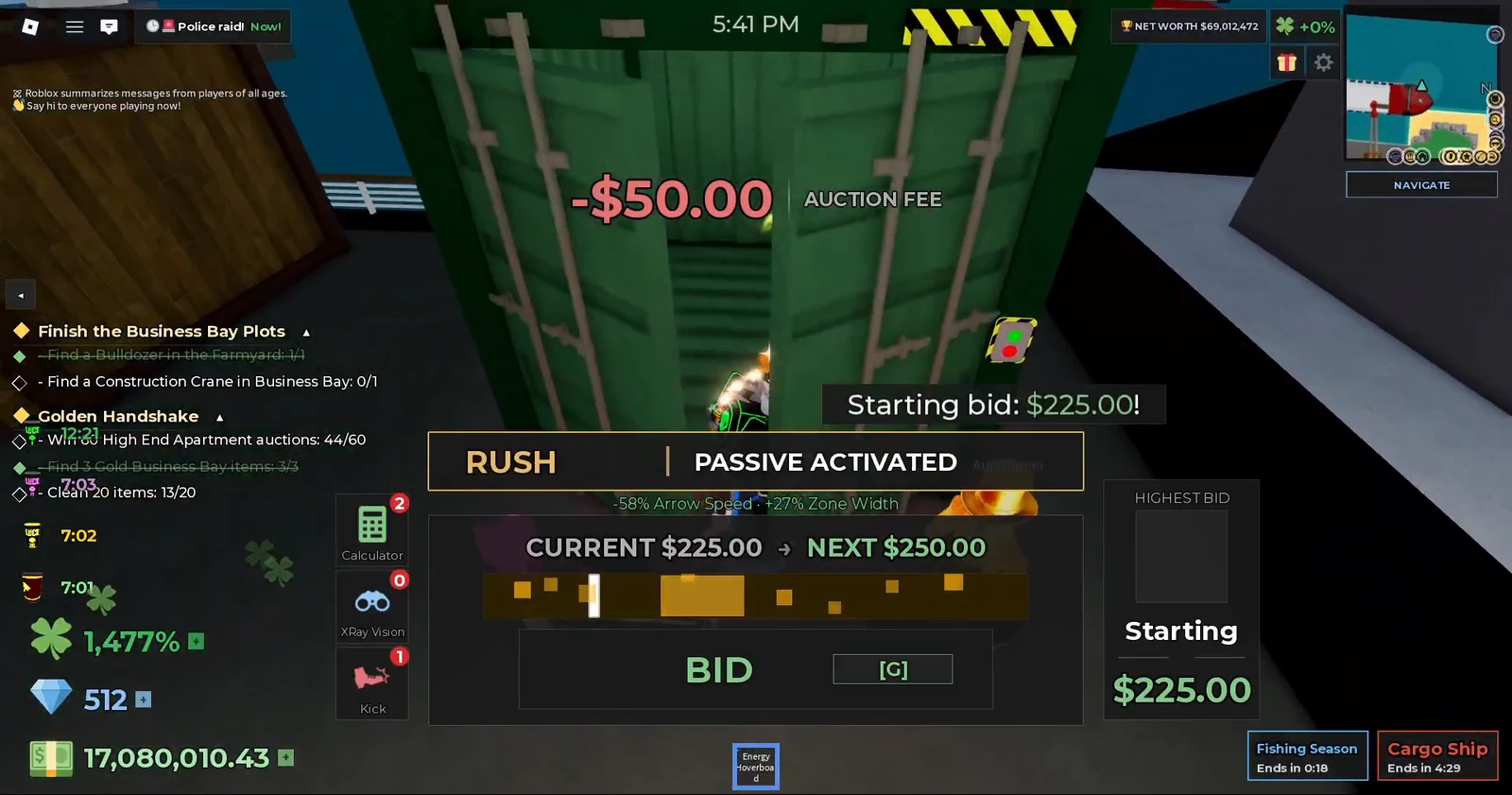 Auction interface showing a $225 current bid and $250 next bid with the BID button ready