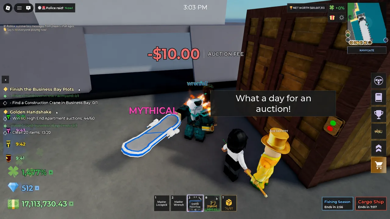 Auction area showing a Mythical item beside the Auctioneer with a $10 fee charged
