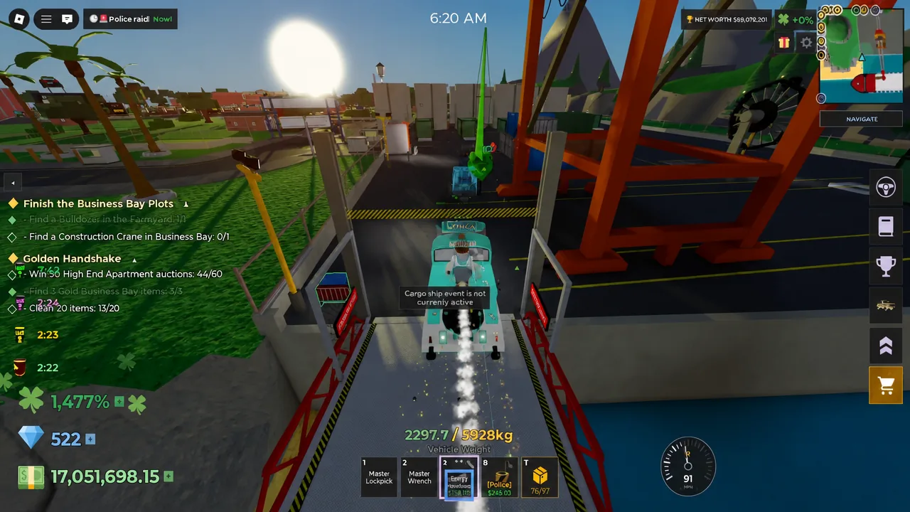 Objective marker to find a Construction Crane in Business Bay while a police vehicle drives toward it