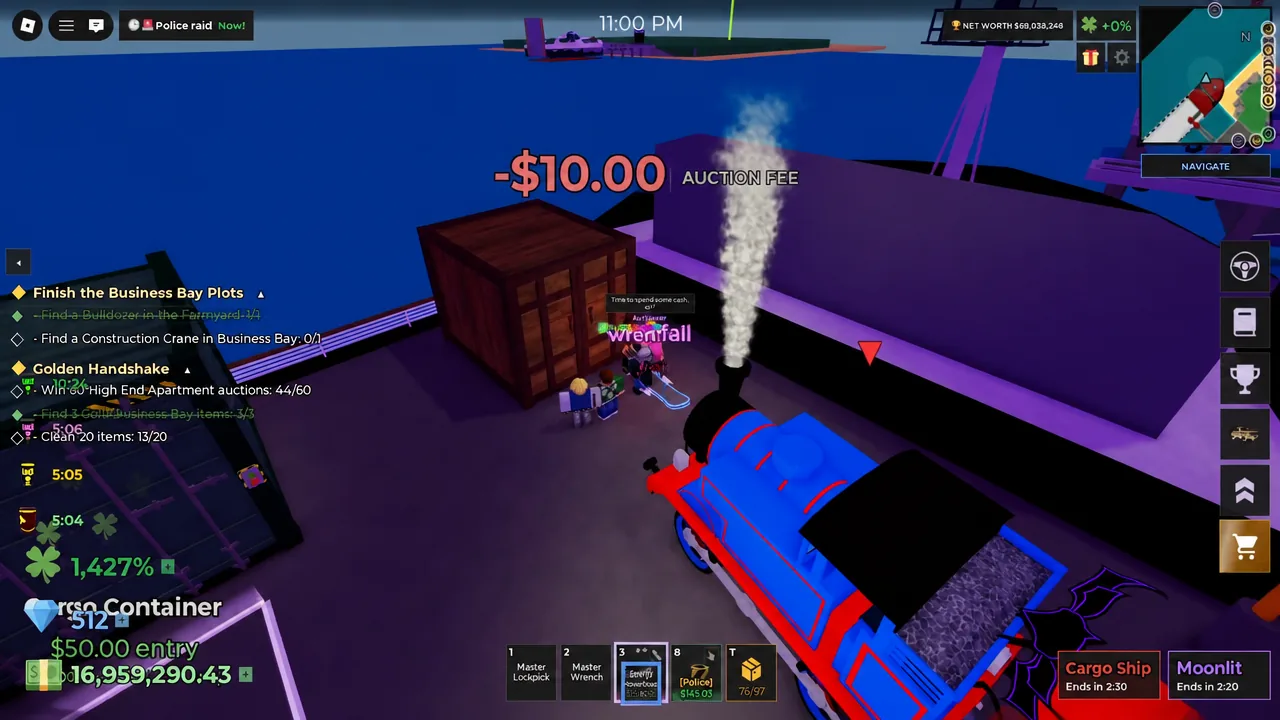 HUD showing a -$10.00 AUCTION FEE notification during an auction