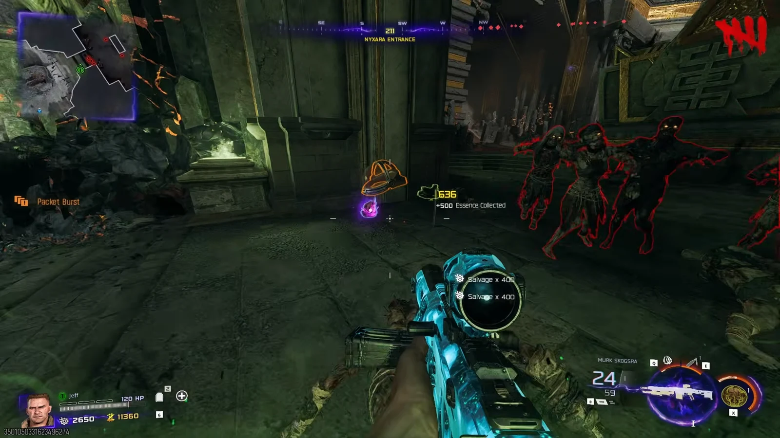 Player collecting Salvage and Essence pickups against zombies at the Nyxara Entrance