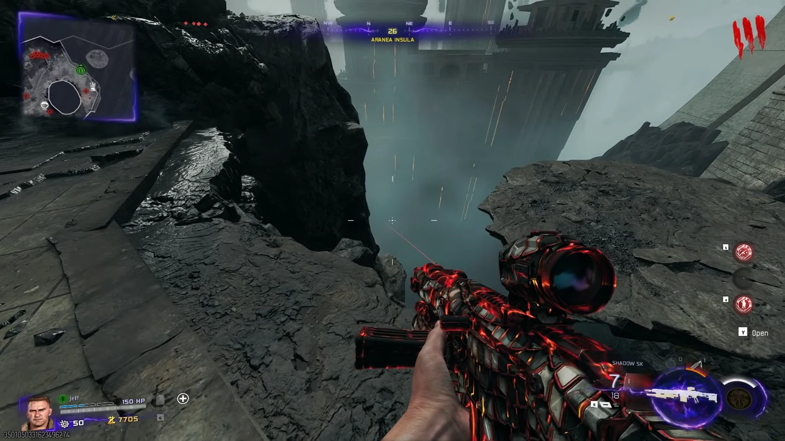 Player aiming a scoped weapon across a chasm at Arania Insula with a Y Open prompt