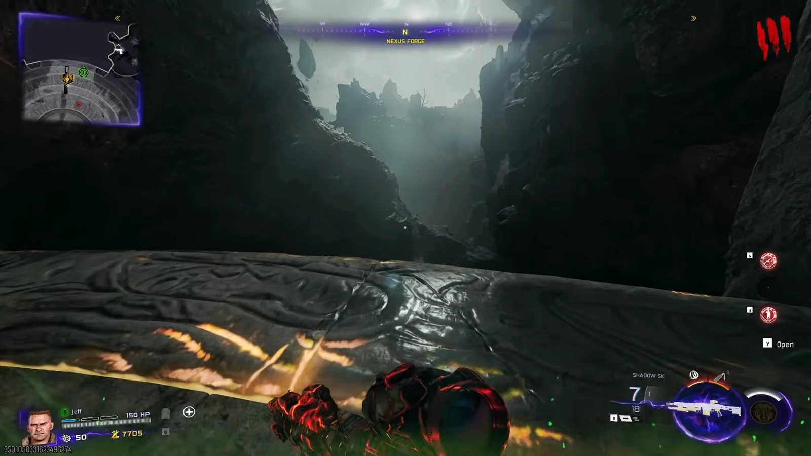 Nexus Forge with a Y Open prompt as the player nears an interactable object