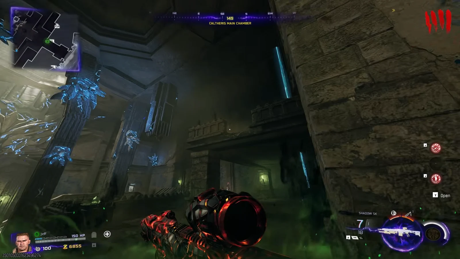 Player aiming toward a doorway in the Caltheris Main Chamber with a Y Open prompt