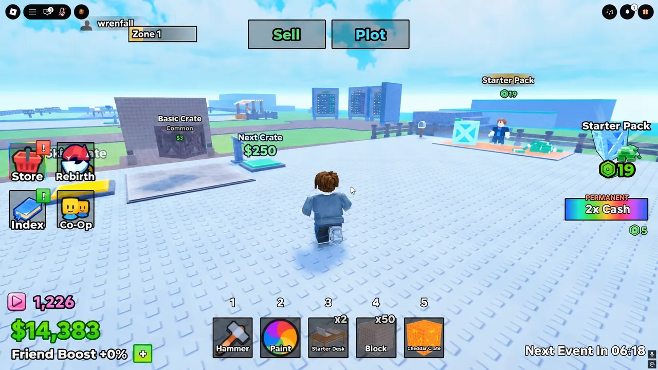 Zone 1 plot area with the avatar walking past the Sell and Plot buttons and the item hotbar