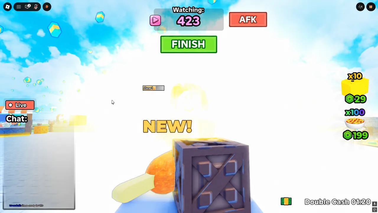 Live stream screen reading Watching 423 with the FINISH button highlighted and a new crate appearing