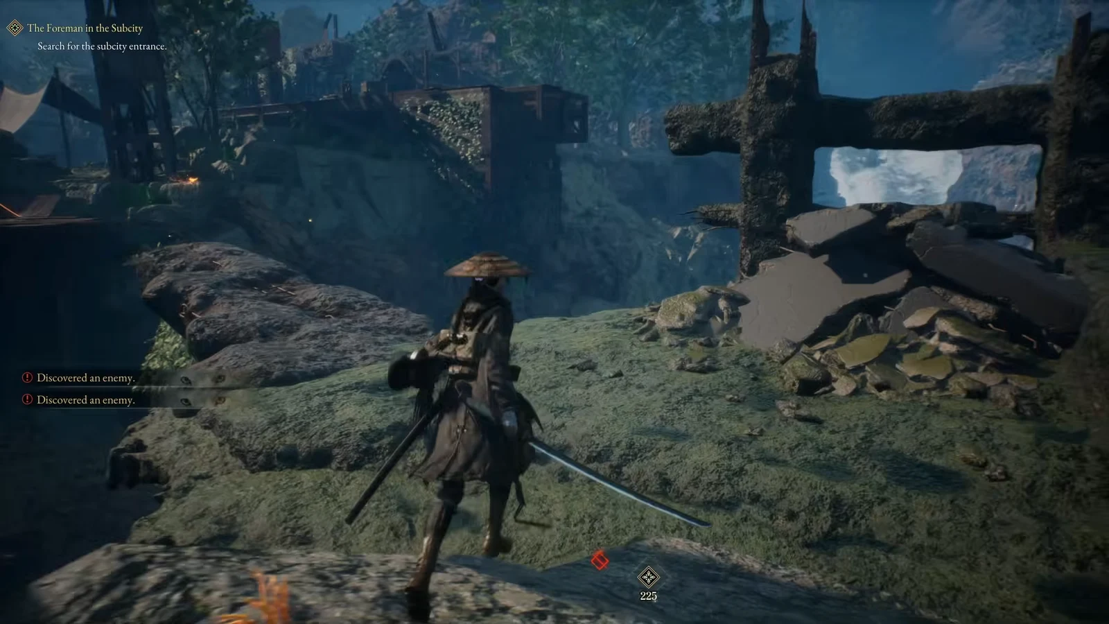 Character searching the ruins for the subcity entrance while enemies are detected nearby