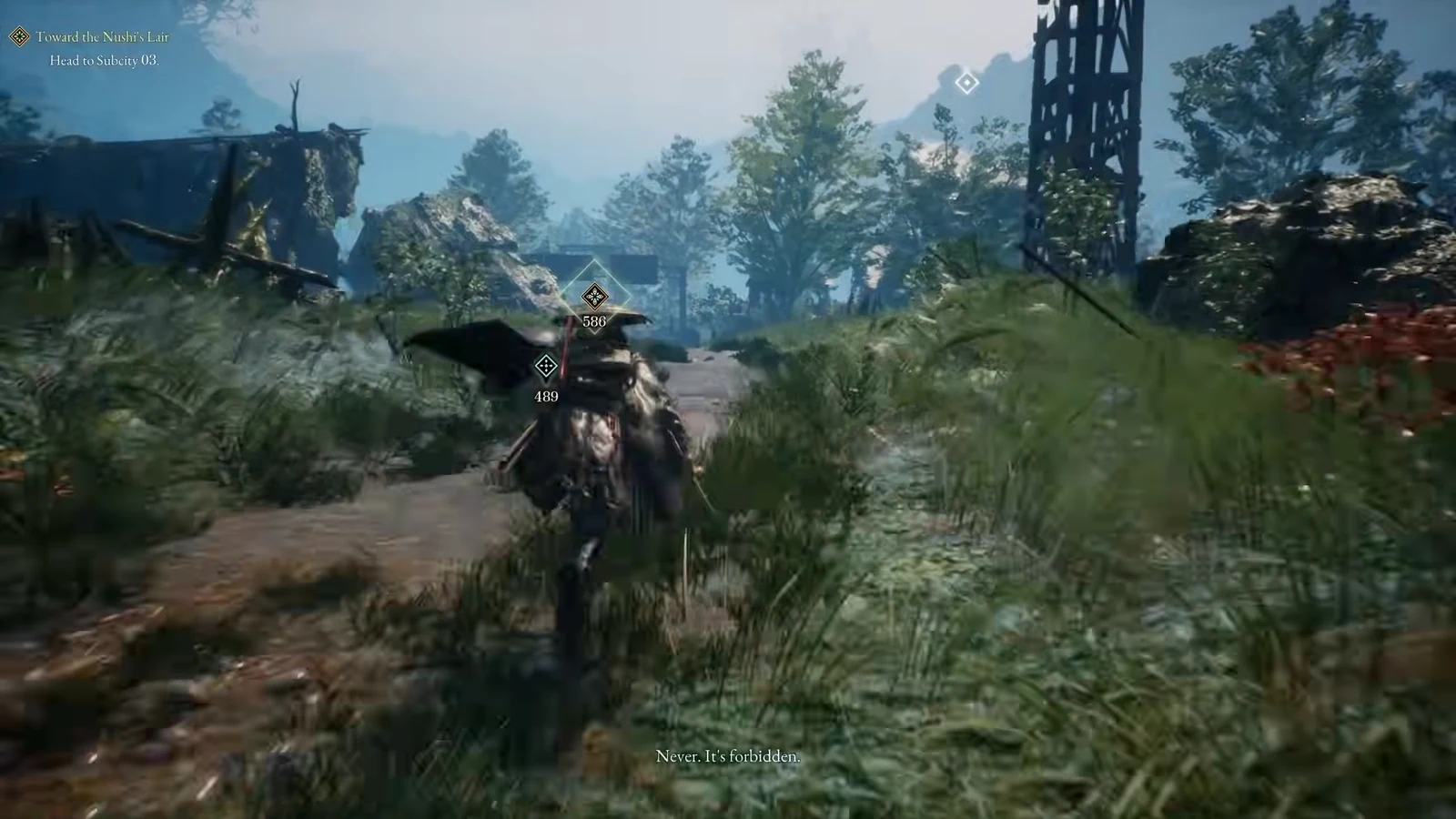 Following waypoint markers along an overgrown path toward Subcity 03