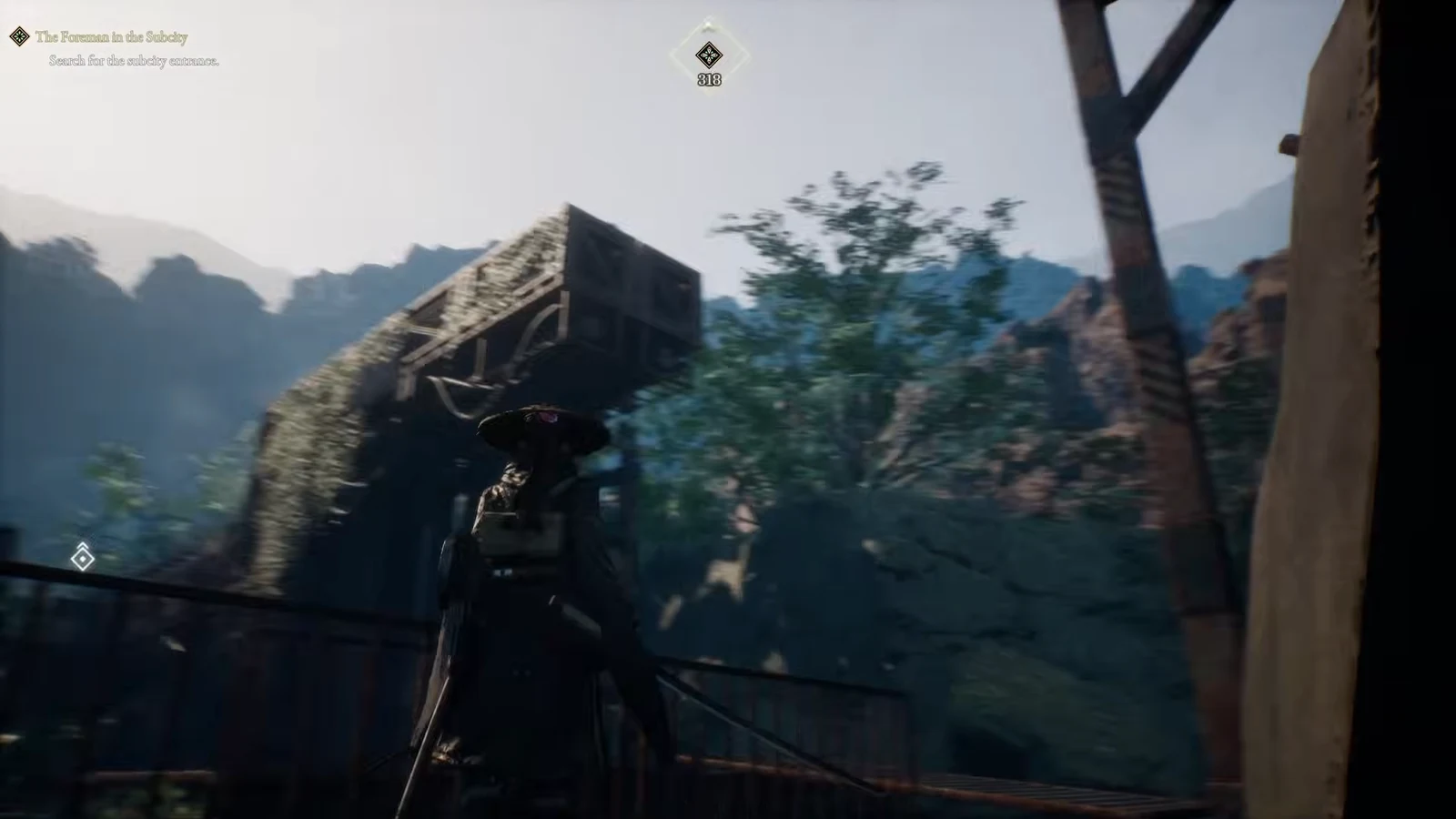 Exploring a mountainous settlement while the search objective stays active