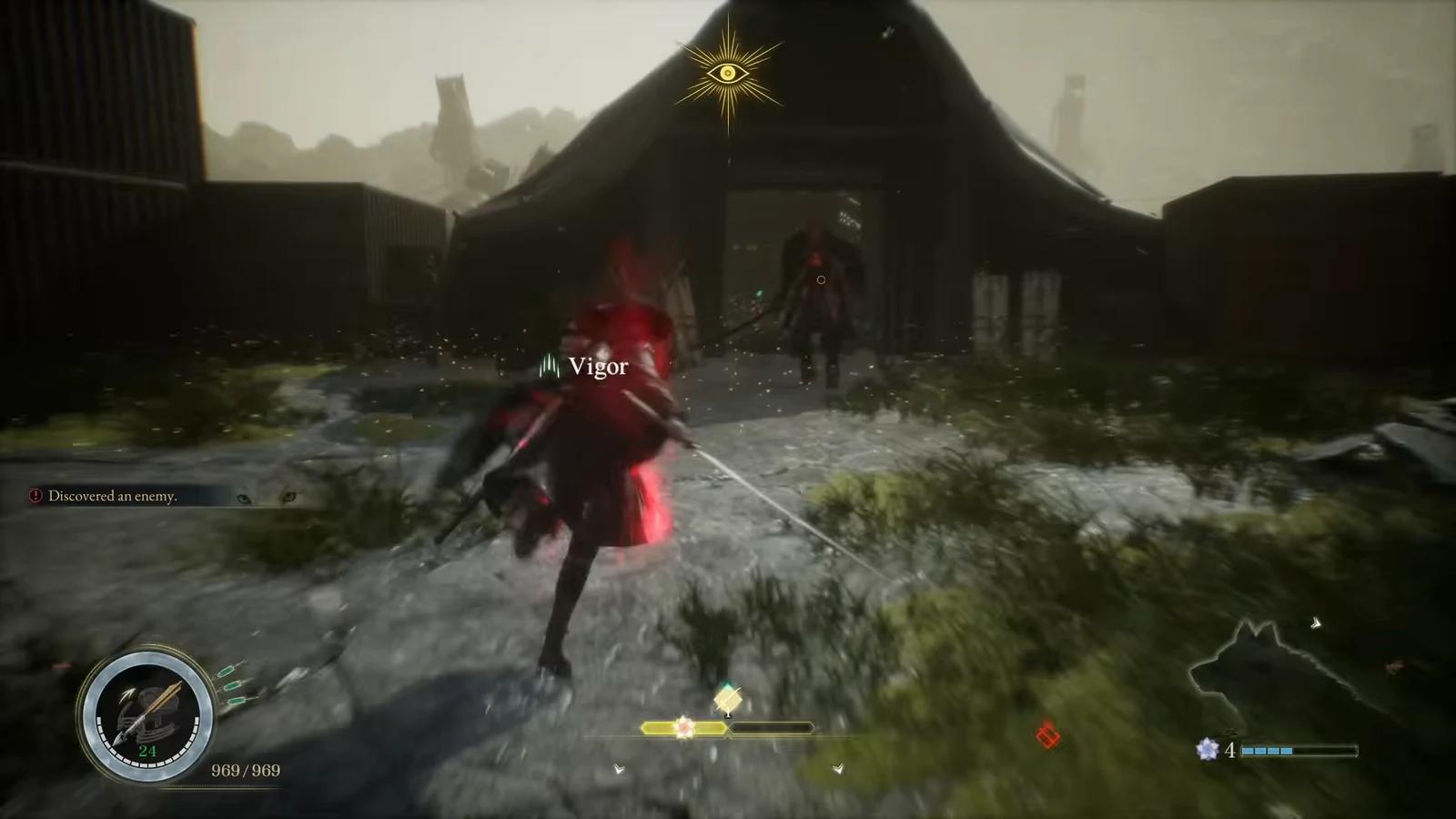 Closing in on the elite enemy during the top floor fight in the Ruined Tower