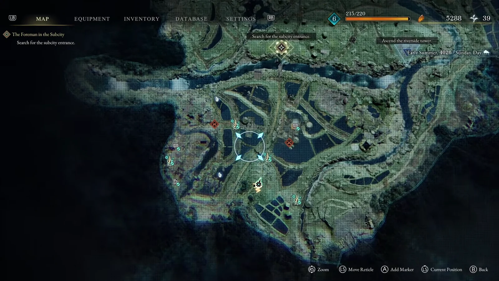 Map screen showing the objective to search for the subcity entrance near Cliffside Village