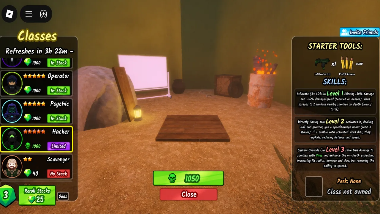 Classes menu with the Hacker class selected, showing its Limited tag, skills, and purchase price