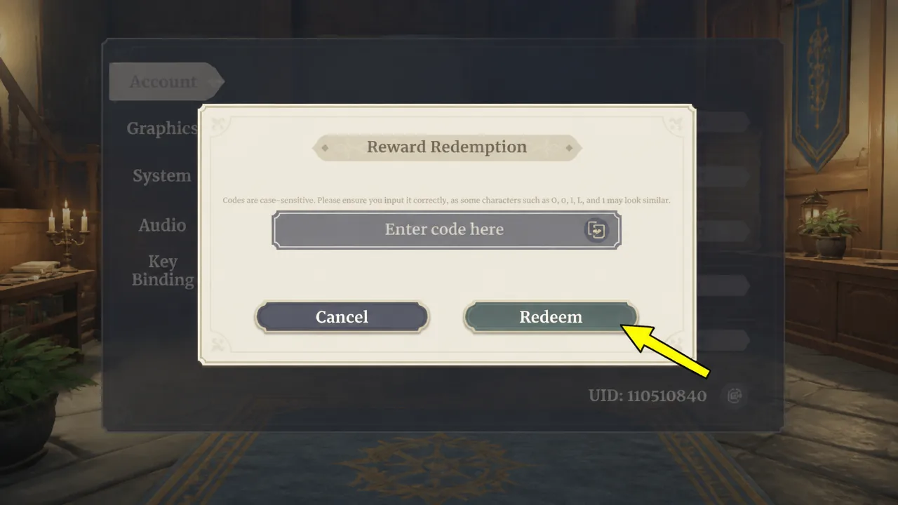 Reward redemption dialog with the code field filled in and the Redeem button highlighted