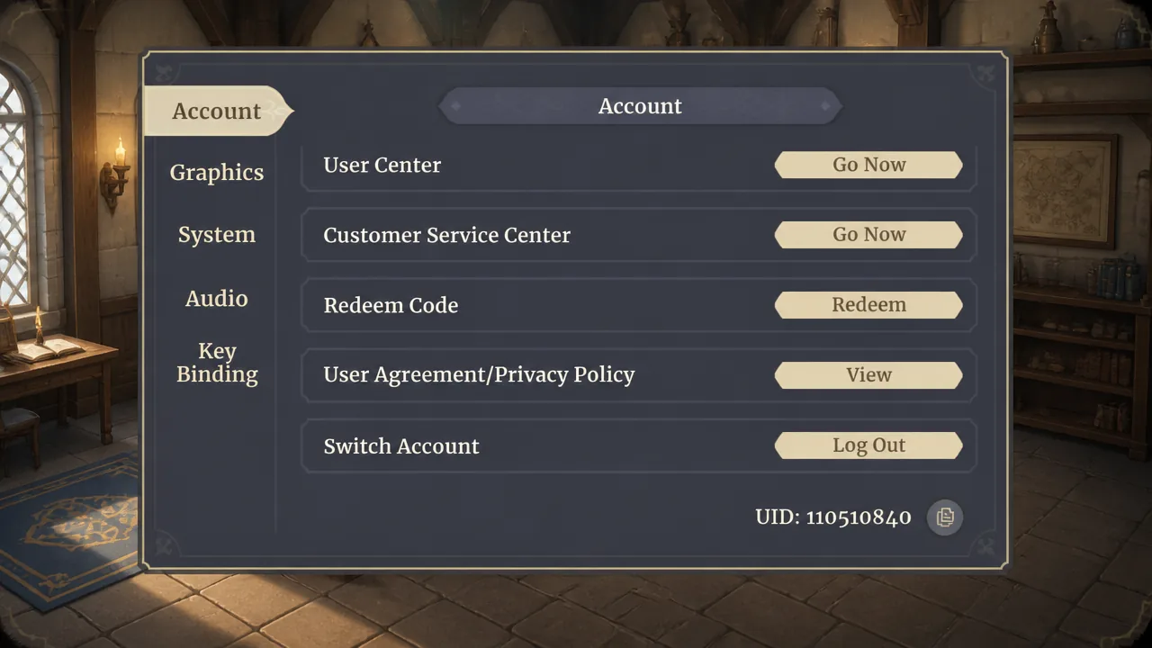 Account settings screen showing the Redeem Code row and Redeem button