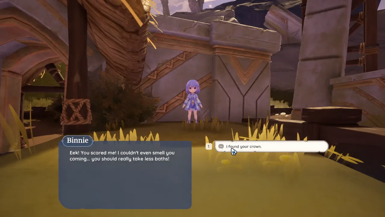 Dialogue with Binnie the Piksii with the "I found your crown." option highlighted