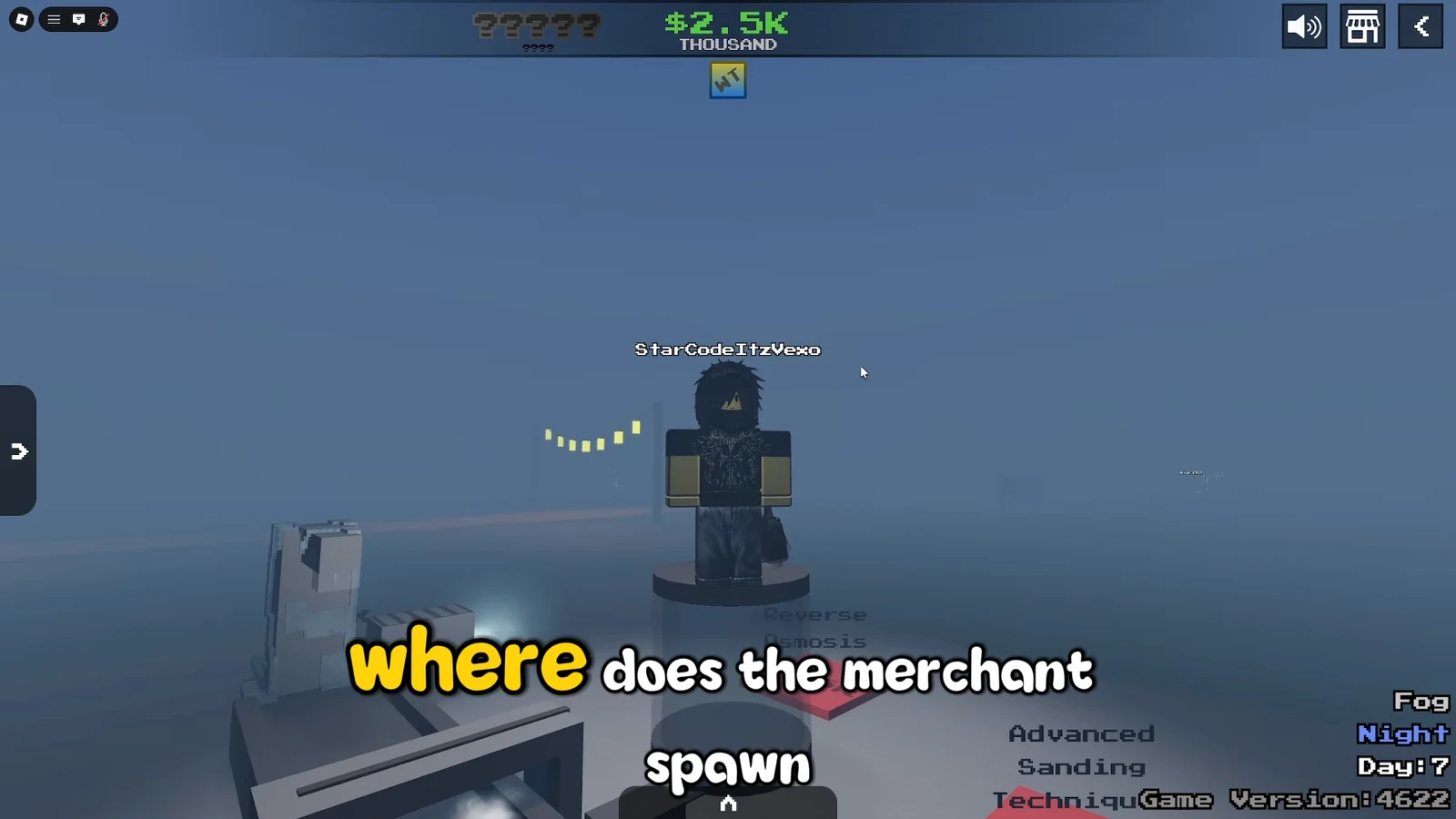 Player searching the central map area at night in fog for the Merchant spawn