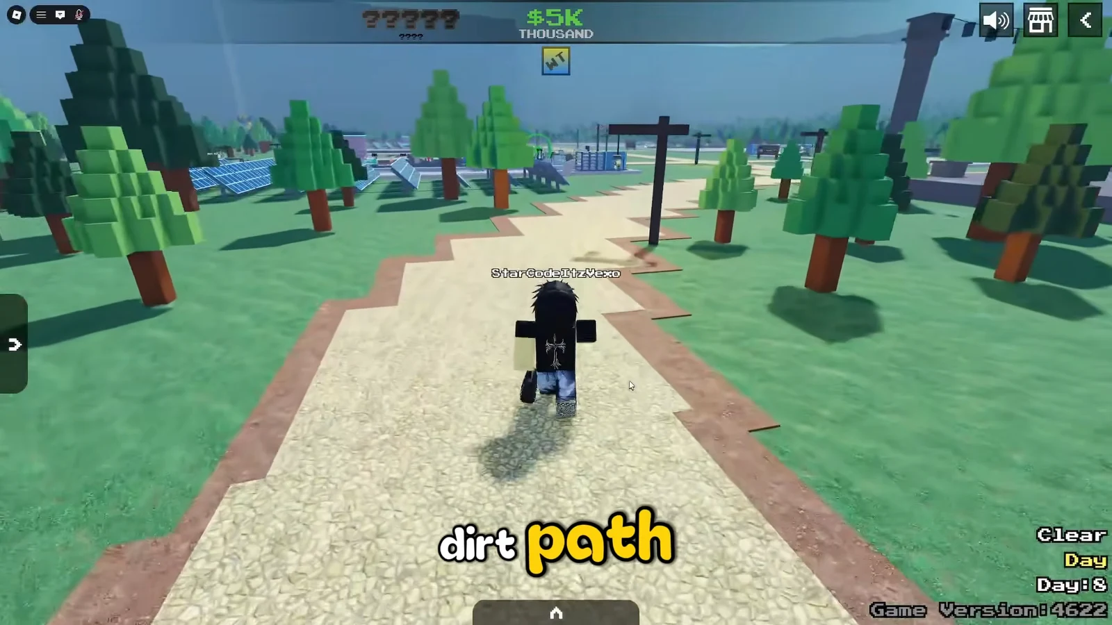 Player avatar walking along a labeled dirt path outdoors