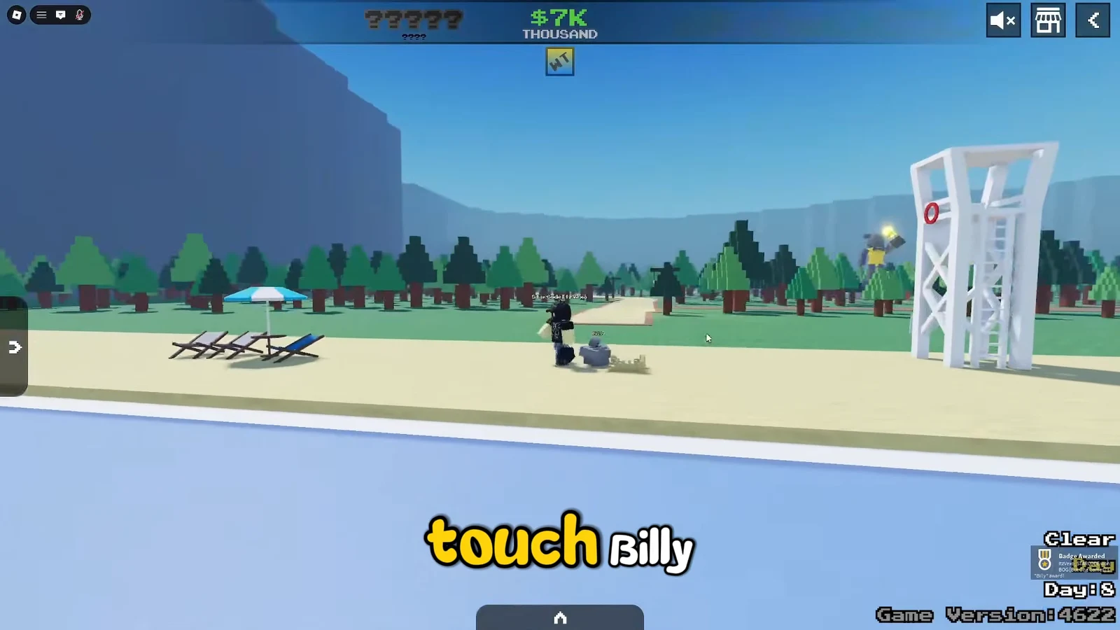 Player approaching the small gray character Billy on the beach