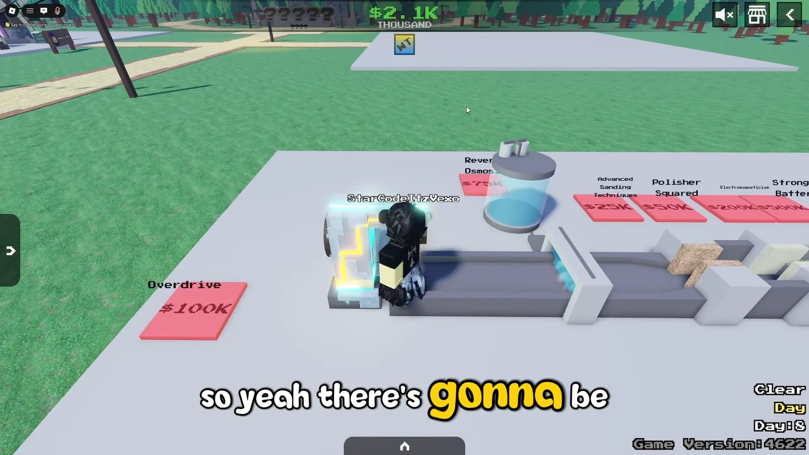 Player interacting with a glowing machine next to the Overdrive $100k purchase button