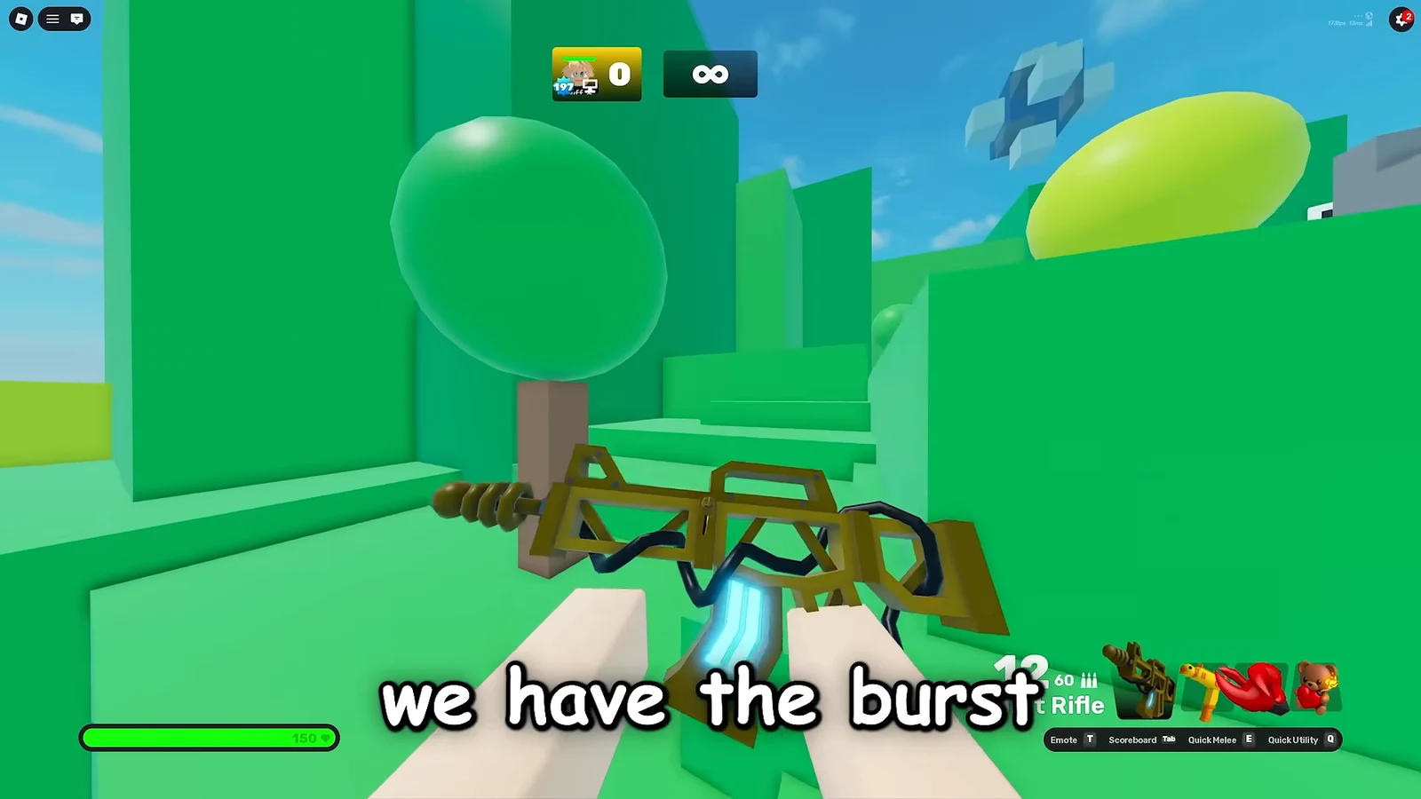 First-person view with the Burst Rifle equipped, aiming through a bright green obstacle map