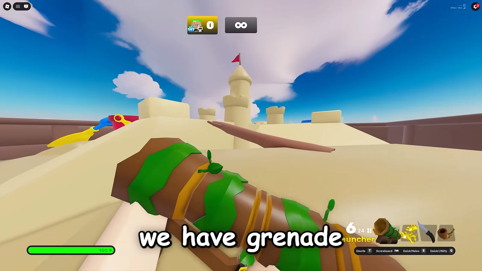 First-person view with the grenade launcher equipped, six rounds left, aiming over a castle rooftop