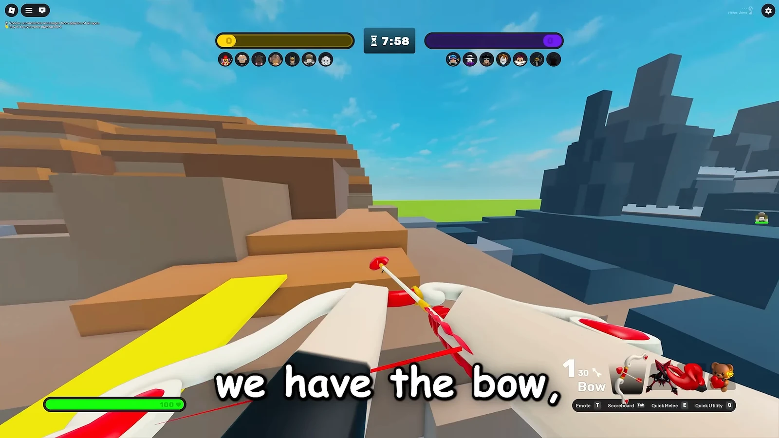 First-person view aiming a drawn Bow across a rocky map