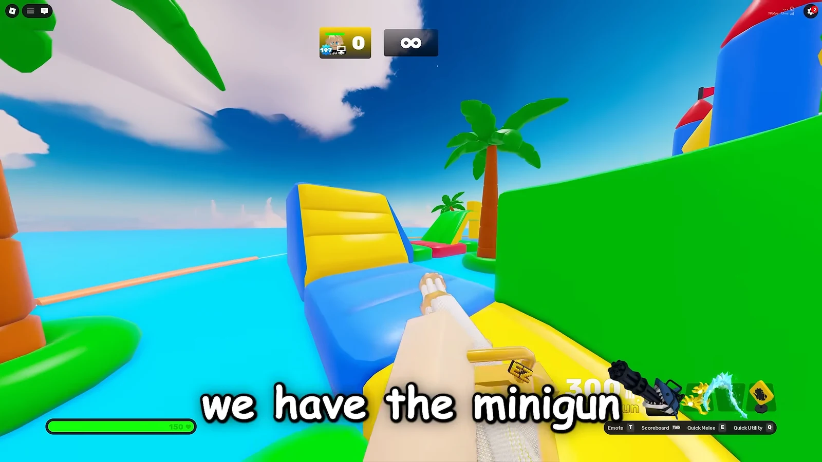 First-person HUD showing the Minigun equipped while moving through a tropical obstacle course