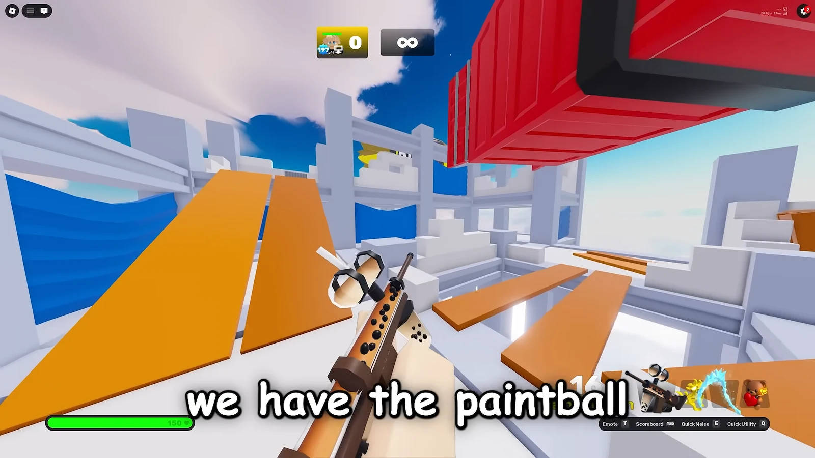 First-person view with the Paintball weapon equipped near orange ramps in a white-and-blue arena