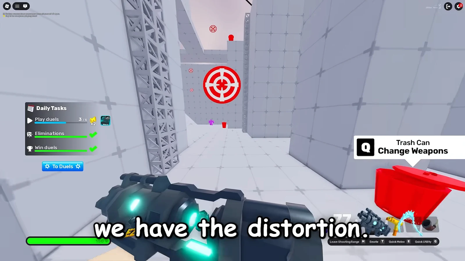 Shooting Range gameplay aiming at a large red target with a weapon-swap prompt visible