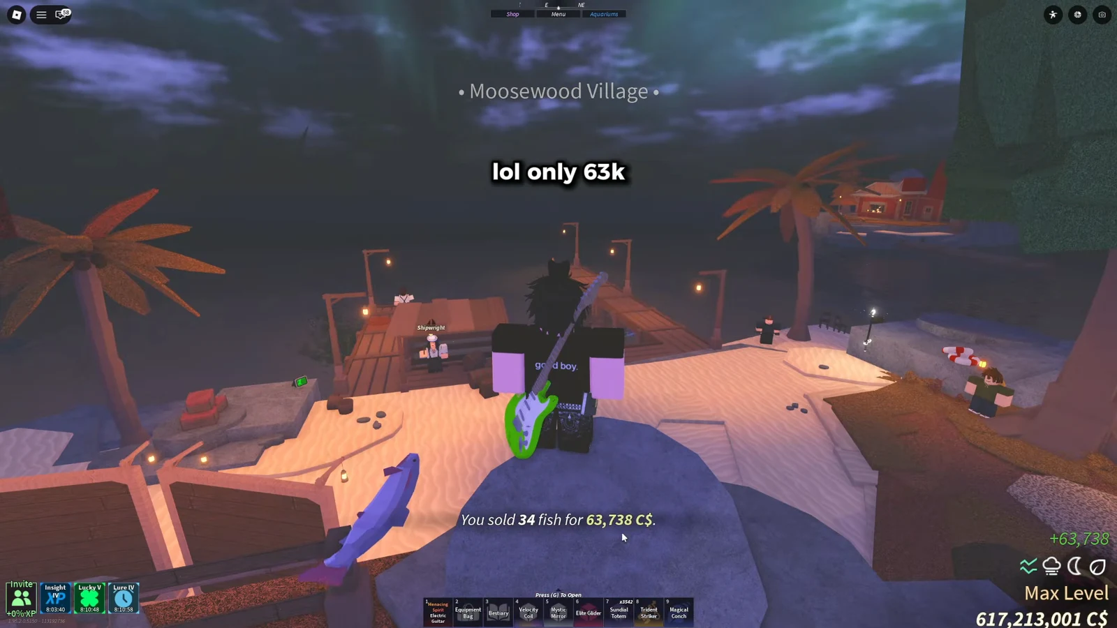 Selling 34 Forsaken Pond fish to the Moosewood Shipwright for 63,738 CS