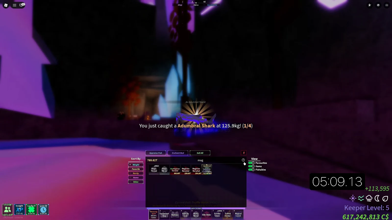 Fishing inventory after catching a 125.9 kg Adumbral Shark with the Sell All button ready